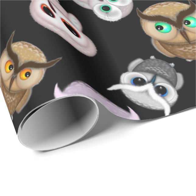 Papier Cadeau Hibou amusant sur fond noir (Coin rond)