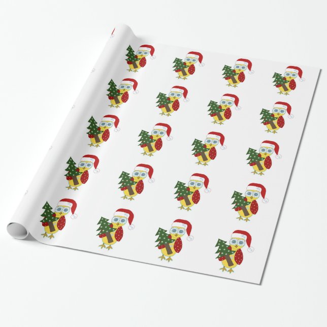 Papier Cadeau Hibou aux yeux écarquillés avec sapin de Noël (Déroulé)