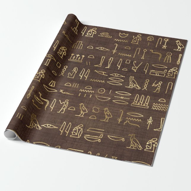 Papier Cadeau Hiéroglyphes d'Égypte dorée sur le papyrus foncé (Déroulé)
