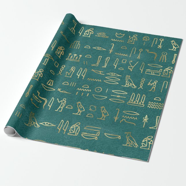 Papier Cadeau Hiéroglyphes égyptiens d'or métallique sur vert (Déroulé)