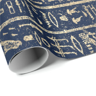 Papier Cadeau Hiéroglyphes égyptiens Gold Blue Navy Pharaons