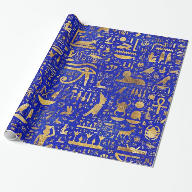 Papier Cadeau Hiéroglyphes égyptiens - Lapis Lazuli et Gold (Déroulé)
