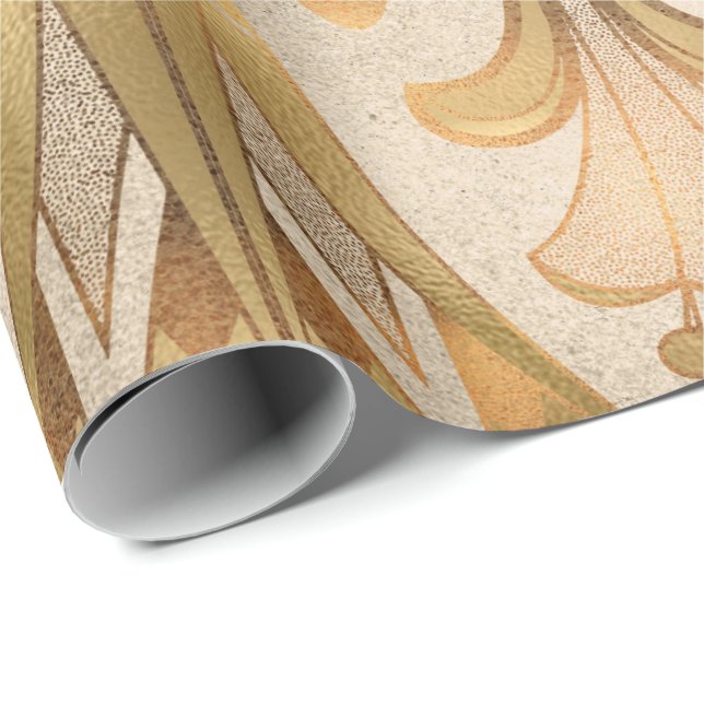 Papier Cadeau Hiéroglyphes égyptiens or Fleurs antiques (Coin rond)