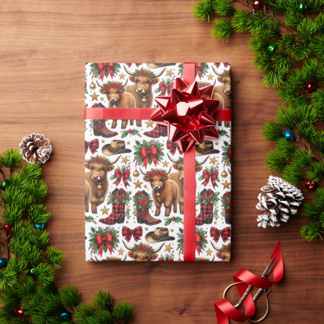Papier Cadeau Highland Cow Christmas Wrapping Paper (Cadeau de vacances)