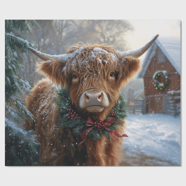 Papier Cadeau Highland Cow Rustic Barnyard Découpage de Noël (Plat)
