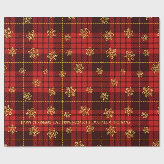 Papier Cadeau Highland Heart Tartan Gold Snowflake Personnalisé (Plat)
