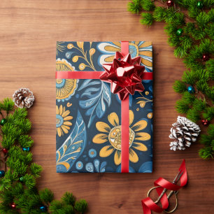 Papier Cadeau Hippie rétro Fleurs Vintages Design bleu jaune