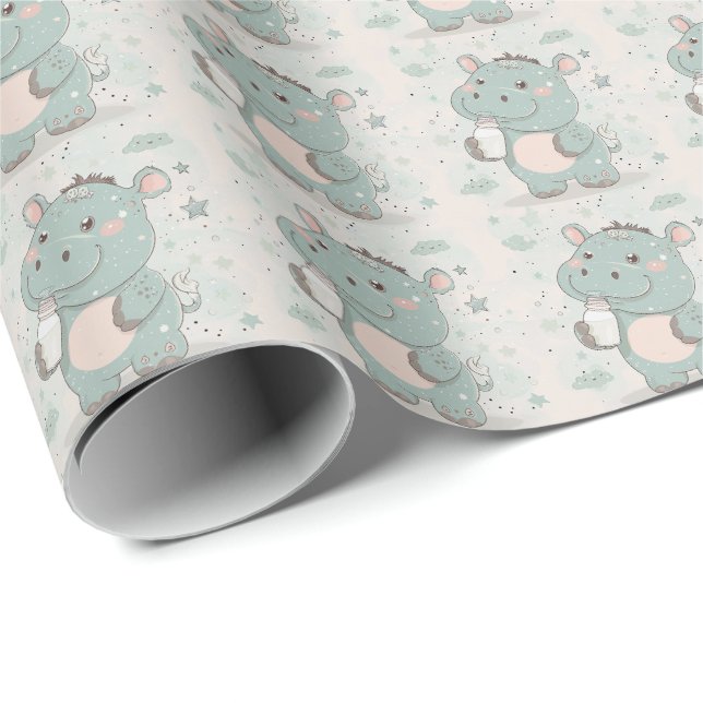 Papier Cadeau Hippo Bébé mignon Pastel Motif d'aquarelle (Coin rond)