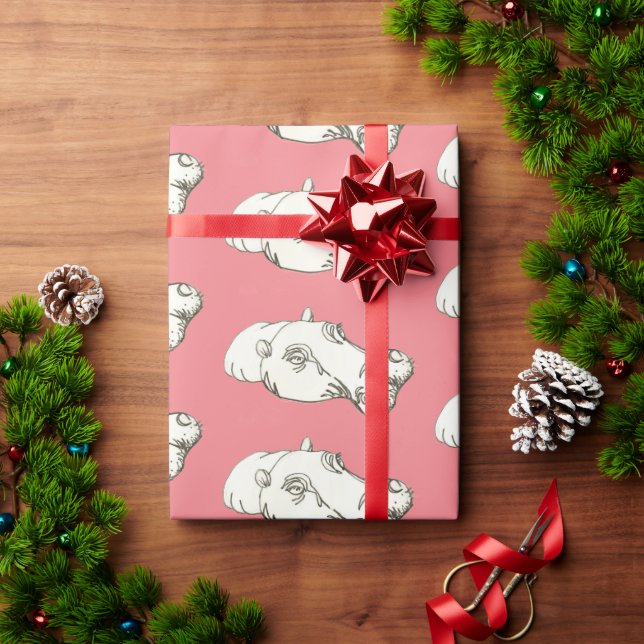 Papier Cadeau Hippo dessin sur rose (Cadeau de vacances)