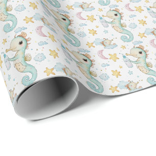 Papier Cadeau Hippocampe Bébé Mignon Pastel Aquarelle Motif 