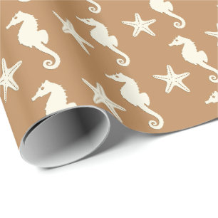 Papier Cadeau Hippocampe et étoile de mer - cacao brun et beige