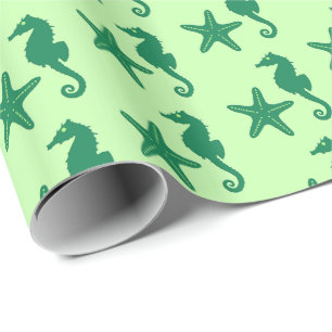 Papier Cadeau Hippocampe et étoile de mer - vert citron et émera