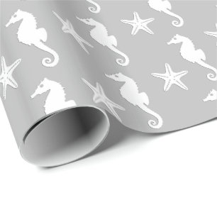Papier Cadeau Hippocampe et étoiles de mer - blanc sur le gris