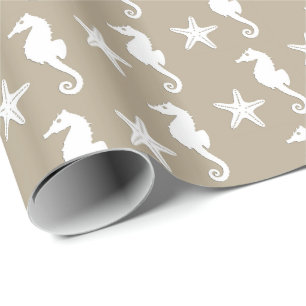 Papier Cadeau Hippocampe et poisson-étoiles - blanc sur taupe