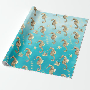 Papier Cadeau Hippocampes D'Or Sous La Mer Bleue Profonde Des Ca