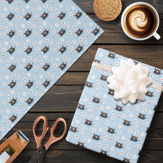 Papier Cadeau Hippopotame Lotus Blanc Bleu (Créateur téléchargé)