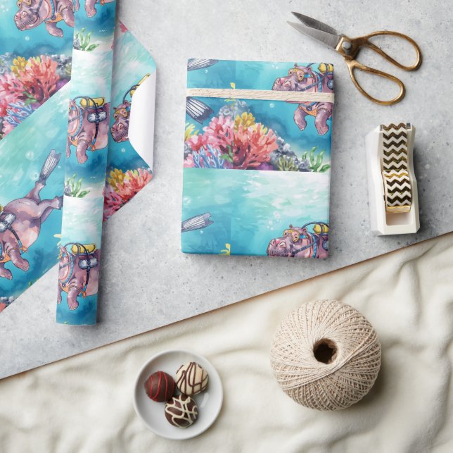 Papier Cadeau Hippopotame plongeur sous l'eau  (Artisanat)
