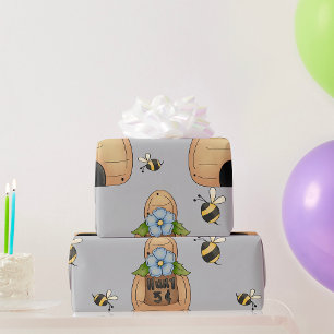 Papier Cadeau Hive d'abeille au miel avec fleurs bleues et abeil
