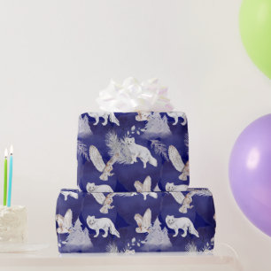 Papier Cadeau Hiver Bleu Blanc Chouette Pine Arbres Aquarelle