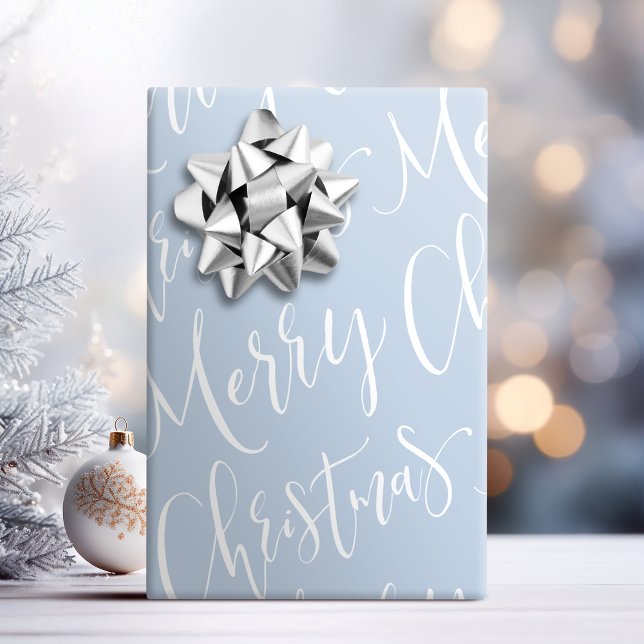 Papier Cadeau Hiver Bleu Joyeux Noël Calligraphie (Winter Blue Merry Christmas Calligraphy Holiday Wrapping Paper)