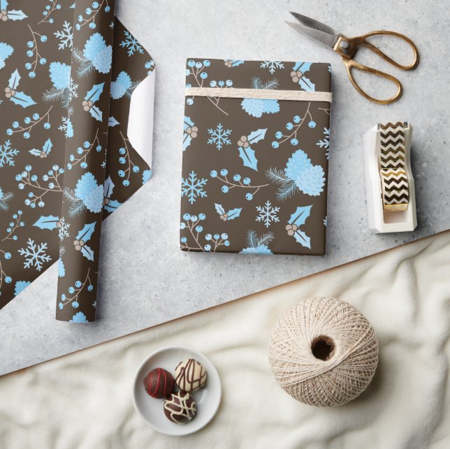 Papier Cadeau Hiver Blue Snowflake Mistletoe Pinecone sans soudu (Artisanat)