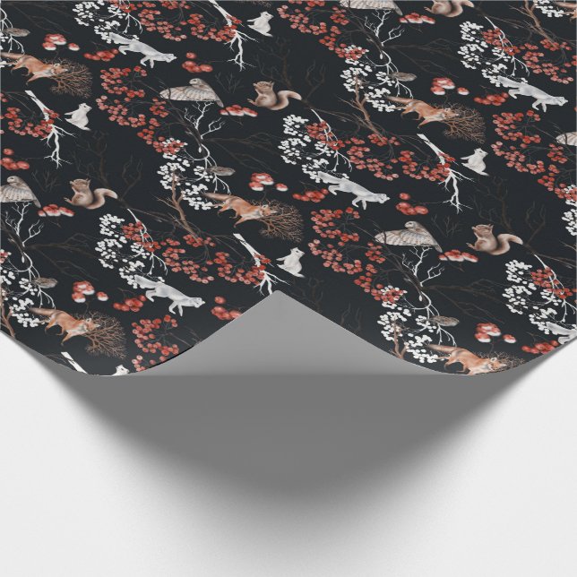 Papier Cadeau Hiver Bois Animaux Fêtes Noël (Coin)