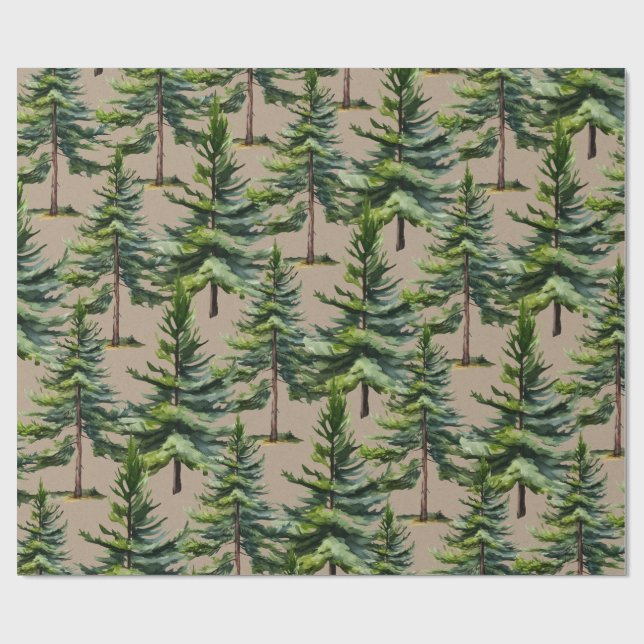Papier Cadeau Hiver Bois Aquarelle Forêt d'épinette Kraft (Plat)