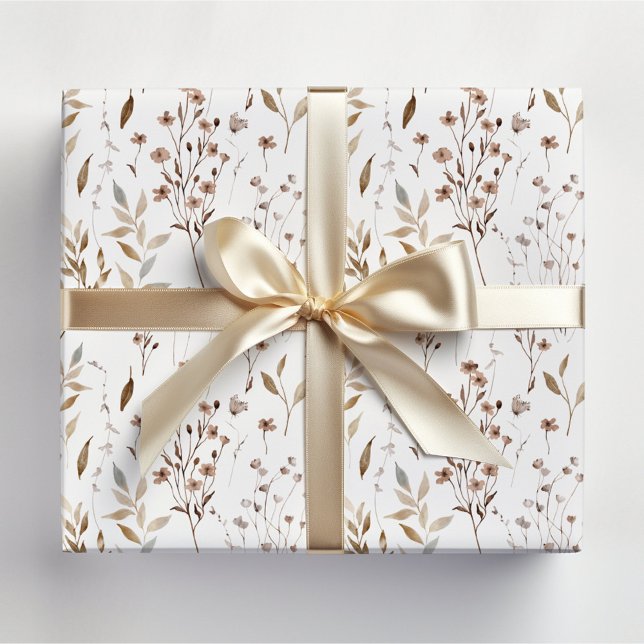 Papier Cadeau Hiver Brown jolies fleurs et Motif Feuille (In situ)