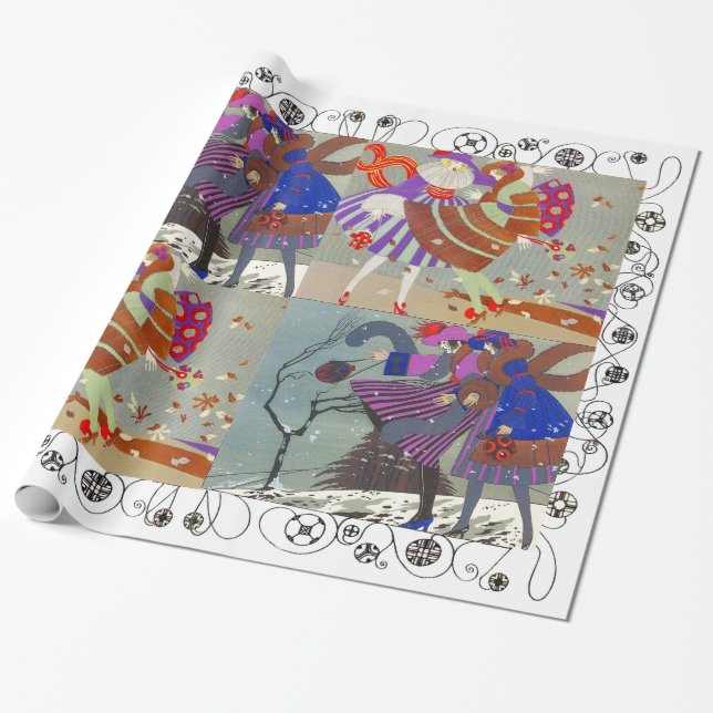 Papier Cadeau HIVER ET AUTOMNE ART DÉCO BEAUTÉ MODE, blanc (Déroulé)