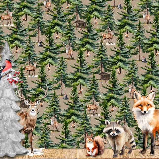 Papier Cadeau Hiver Forêt boisée Animaux Première Kraft de neige (Winter Woodland Forest Animals First Snow Kraft Wrapping Paper in beautiful detailed watercolours)
