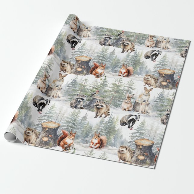 Papier Cadeau Hiver Forêt boisée Bébé Animaux (Déroulé)