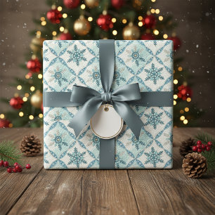 Papier Cadeau Hiver Motif de flocons de neige bleu courbé
