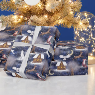 Papier Cadeau Hiver Nuit Forêt Animaux Nature Noël
