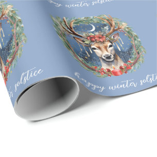 Papier Cadeau Hiver Solstice vacances Deer Wreath Yule Noël