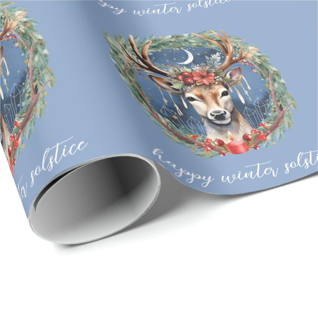 Papier Cadeau Hiver Solstice vacances Deer Wreath Yule Noël (Coin rond)