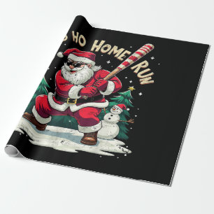 Papier Cadeau Ho Ho Home Run Père Noël Vintage Jouant au Basebal