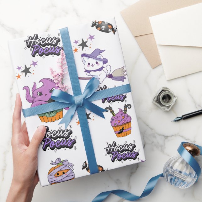 Papier Cadeau Hocus blanc Pocus mignon sorcière Chat Halloween (Cadeaux)