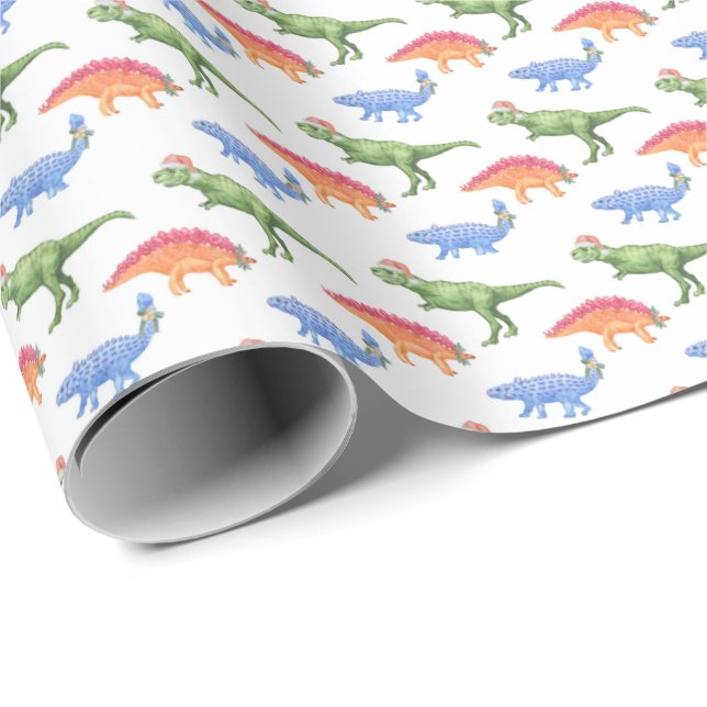 Papier Cadeau Holiday Dinosaurs Wrapping Paper (Coin rond)