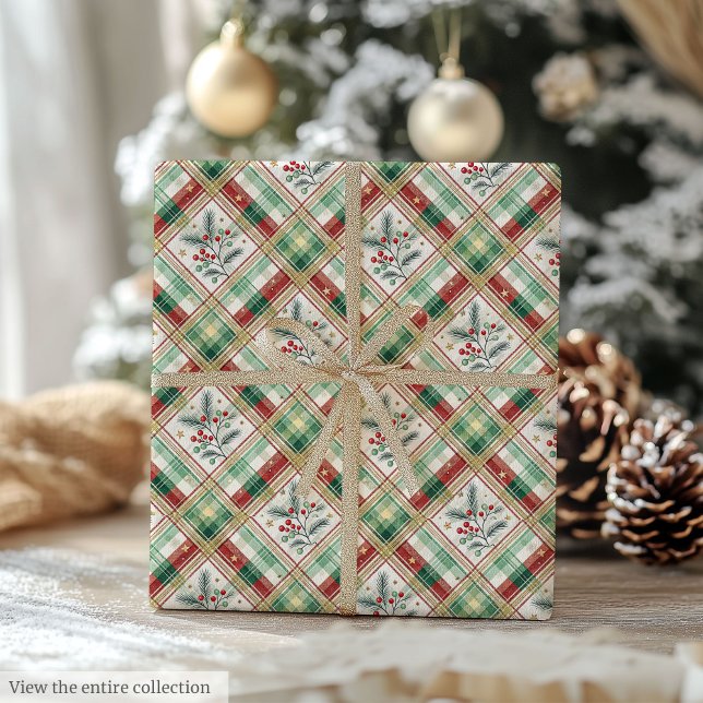 Papier Cadeau Holiday green & red watercolor checkered wrap roll (Holiday green & red watercolor checkered wrap roll)