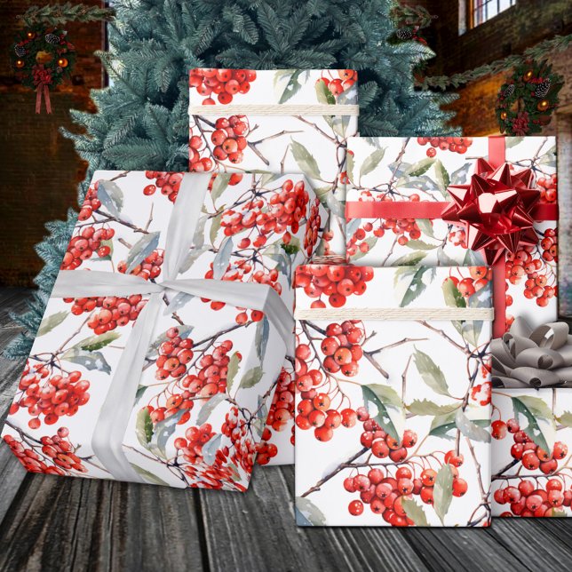 Papier Cadeau Holiday Red Winterberry Holly (Holiday Red Winterberry Holly Wrapping Paper Rolls in 6 & 15 foot lengths in matte or semi gloss.)