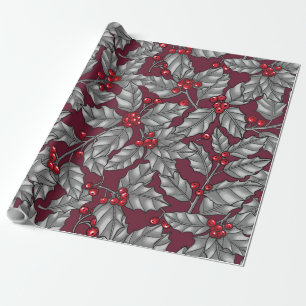 Papier Cadeau Holly berry, gray leaves on dark red