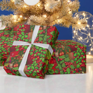 Papier Cadeau Holly Feuilles et Berries