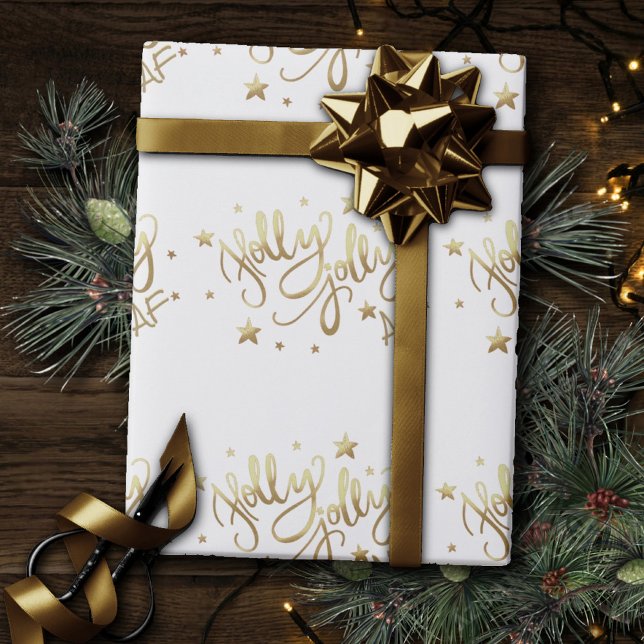 Papier Cadeau Holly Jolly AF | Shiny Gold Faux Foil Script (Créateur téléchargé)