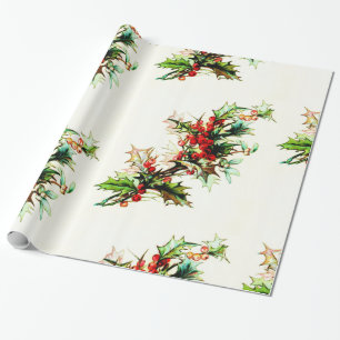 Papier Cadeau Holly With Berries Vintage Retro Christmas