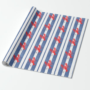 Papier Cadeau Homard rouge sur les bandes de Denim Bleu et Blanc