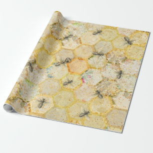 Papier Cadeau Honey Queen Bee Floral Honeycomb Or