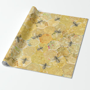 Papier Cadeau Honey Queen Bee Floral Honeycomb Or