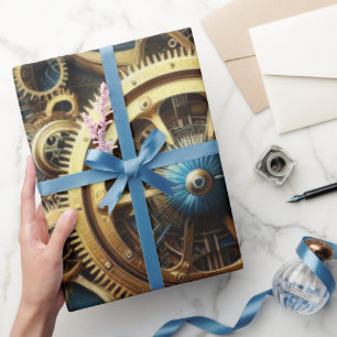 Papier Cadeau Horloge à ressort Steampunk Or et Turquoise