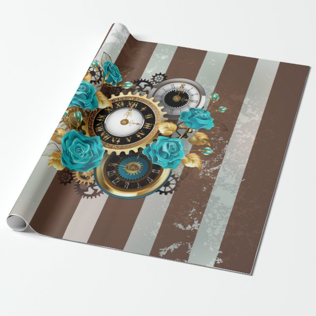 Papier Cadeau Horloge à vapeur et Roses turquoise sur le sol (Déroulé)