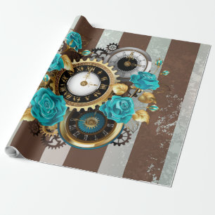 Papier Cadeau Horloge à vapeur et Roses turquoise sur le sol